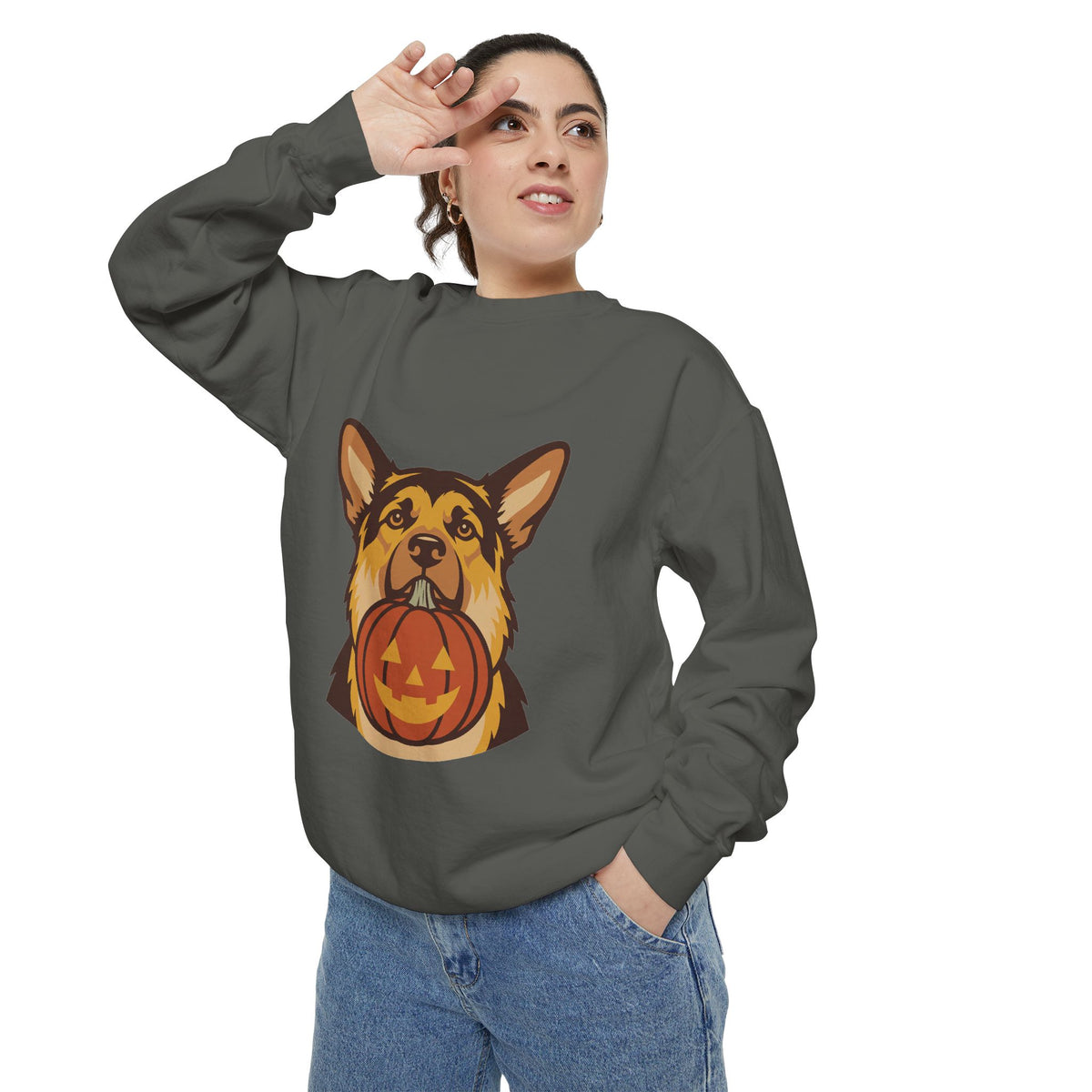 German Shepherd Halloween Sweatshirt — Dog with Pumpkin Comfort Colors Crewneck