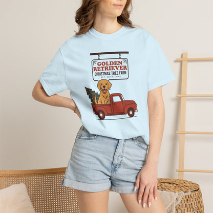 Golden Retriever Christmas Shirt, Red Truck Christmas Tree Farm Comfort Colors Tee