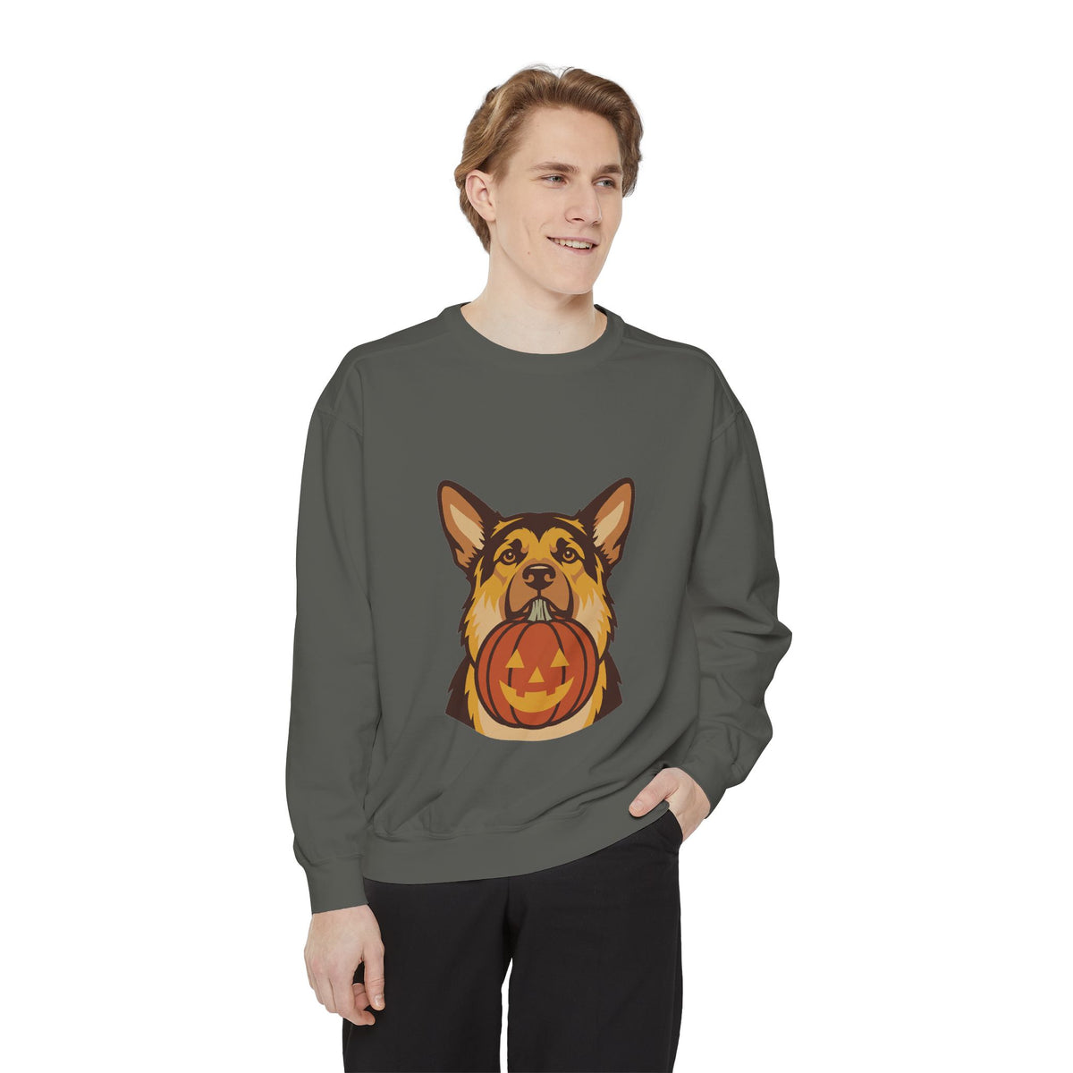 German Shepherd Halloween Sweatshirt — Dog with Pumpkin Comfort Colors Crewneck