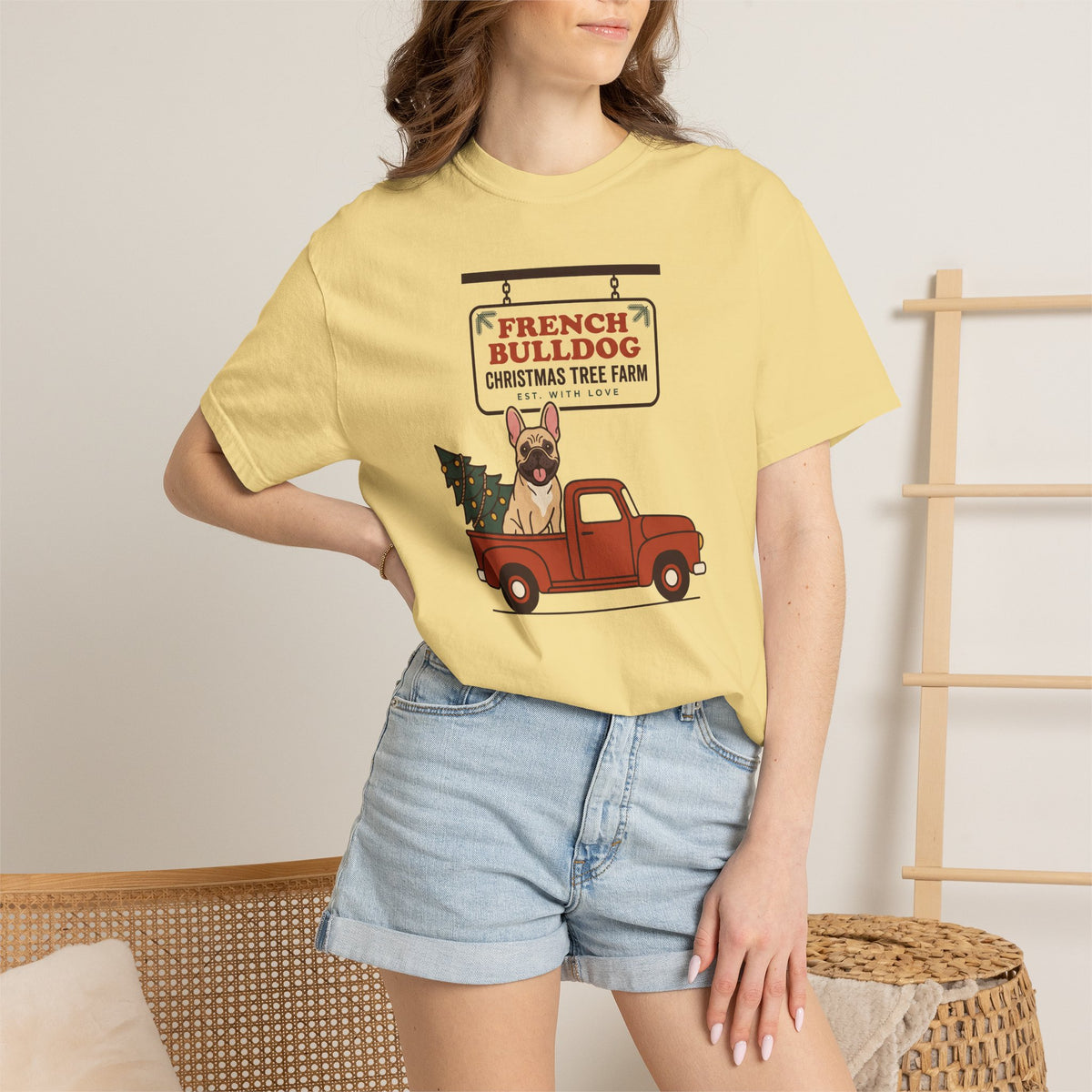 French Bulldog Christmas Shirt, Red Truck Christmas Tree Farm Comfort Colors Tee