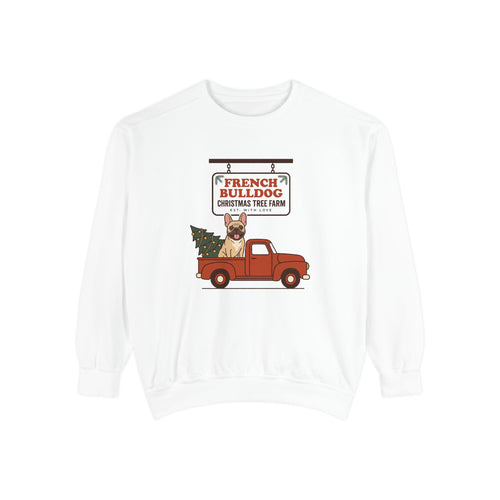 French Bulldog Christmas Sweatshirt, Red Truck Christmas Tree Farm Comfort Colors Crewneck