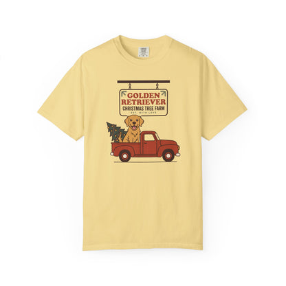 Golden Retriever Christmas Shirt, Red Truck Christmas Tree Farm Comfort Colors Tee