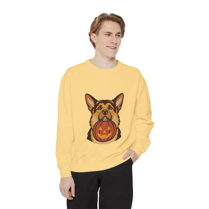 German Shepherd Halloween Sweatshirt — Dog with Pumpkin Comfort Colors Crewneck