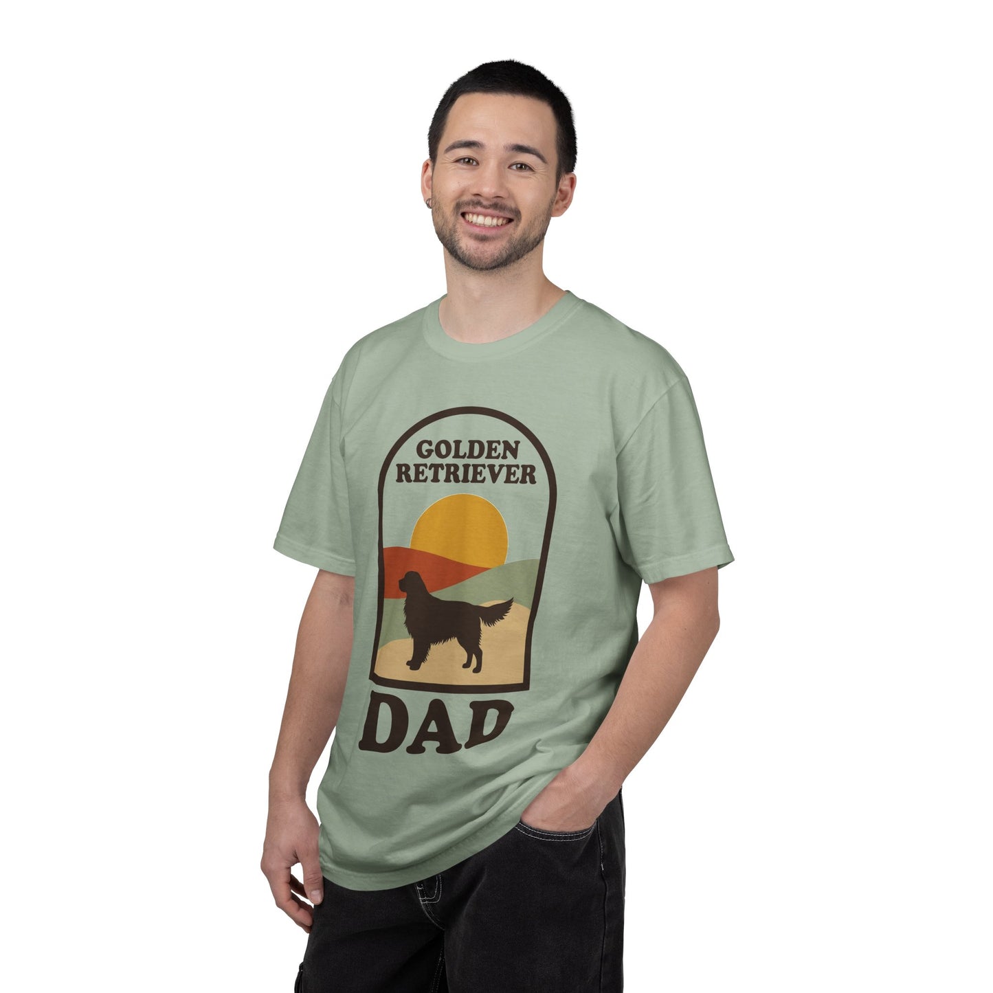 Golden Retriever Dad Shirt — Retro Sunset Comfort Colors® Tee | Golden Dad Gift
