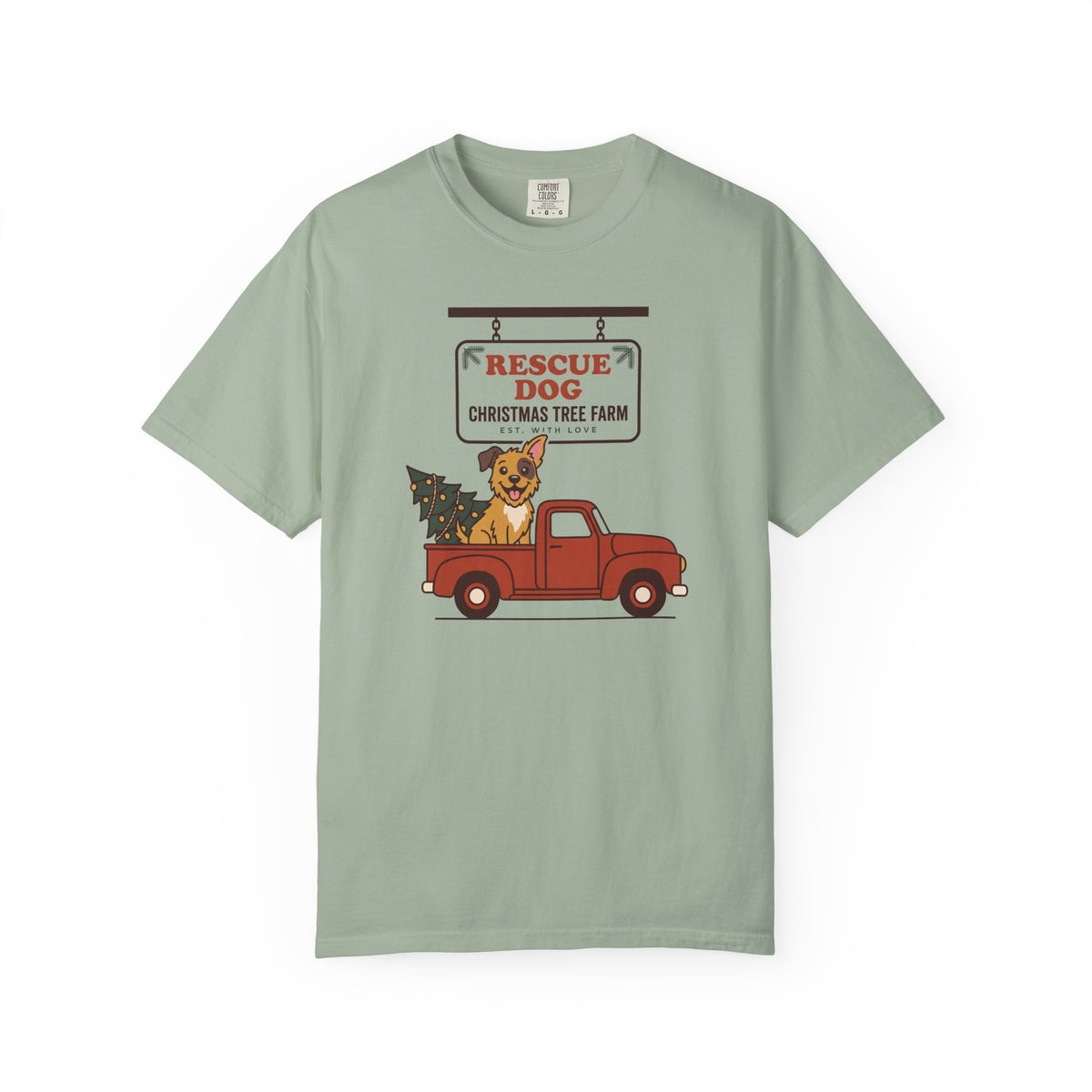 Rescue Dog Christmas Shirt, Red Truck Christmas Tree Farm Comfort Colors Tee