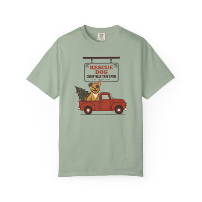 Rescue Dog Christmas Shirt, Red Truck Christmas Tree Farm Comfort Colors Tee