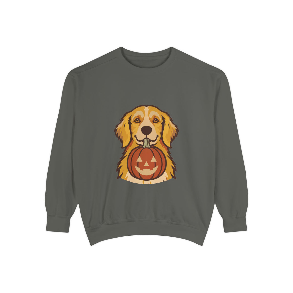 Golden Retriever Halloween Sweatshirt — Dog with Pumpkin Comfort Colors Crewneck