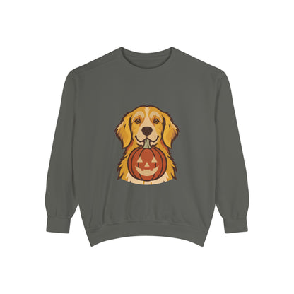 Golden Retriever Halloween Sweatshirt — Dog with Pumpkin Comfort Colors Crewneck