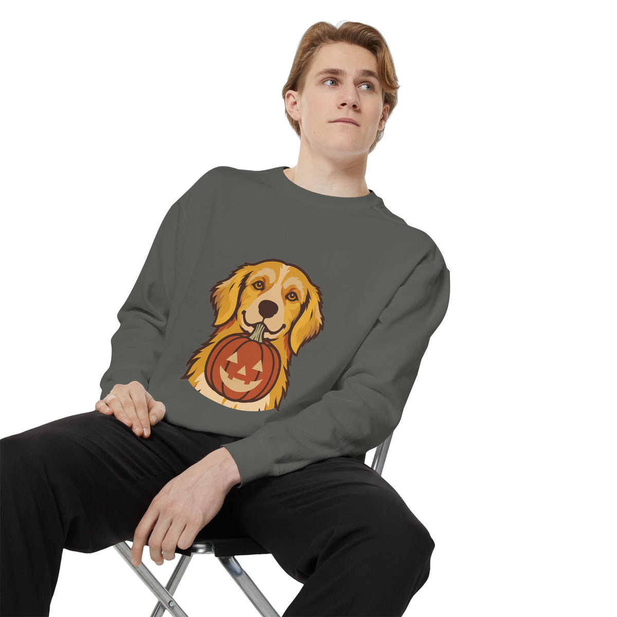 Golden Retriever Halloween Sweatshirt — Dog with Pumpkin Comfort Colors Crewneck