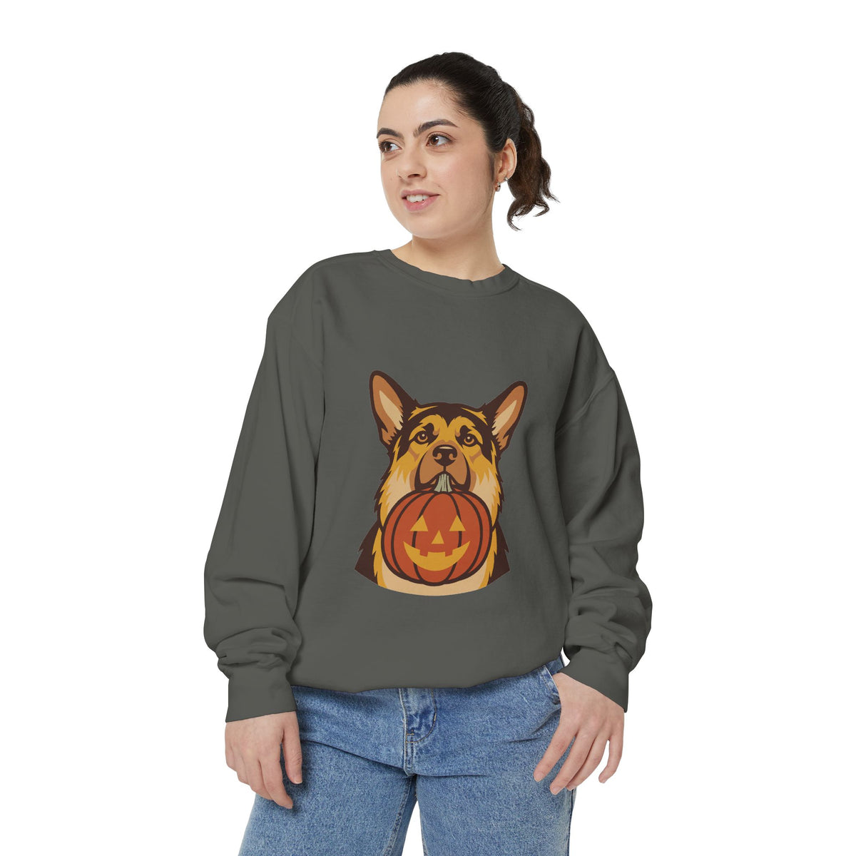 German Shepherd Halloween Sweatshirt — Dog with Pumpkin Comfort Colors Crewneck