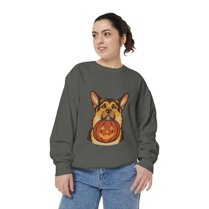 German Shepherd Halloween Sweatshirt — Dog with Pumpkin Comfort Colors Crewneck