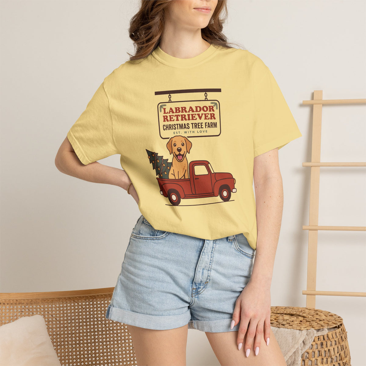 Labrador Retriever Christmas Shirt, Red Truck Christmas Tree Farm Comfort Colors Tee