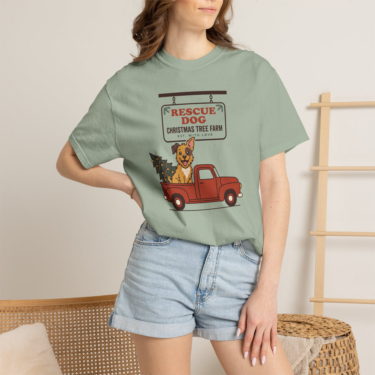 Rescue Dog Christmas Shirt, Red Truck Christmas Tree Farm Comfort Colors Tee