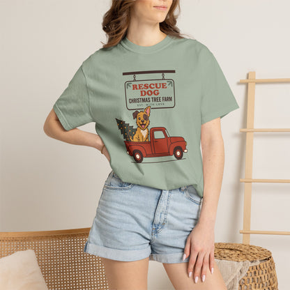 Rescue Dog Christmas Shirt, Red Truck Christmas Tree Farm Comfort Colors Tee