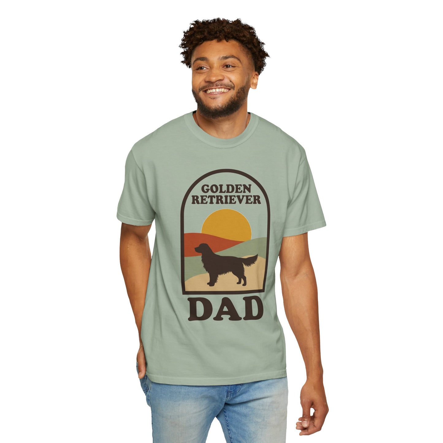 Golden Retriever Dad Shirt — Retro Sunset Comfort Colors® Tee | Golden Dad Gift