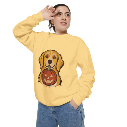 Golden Retriever Halloween Sweatshirt — Dog with Pumpkin Comfort Colors Crewneck