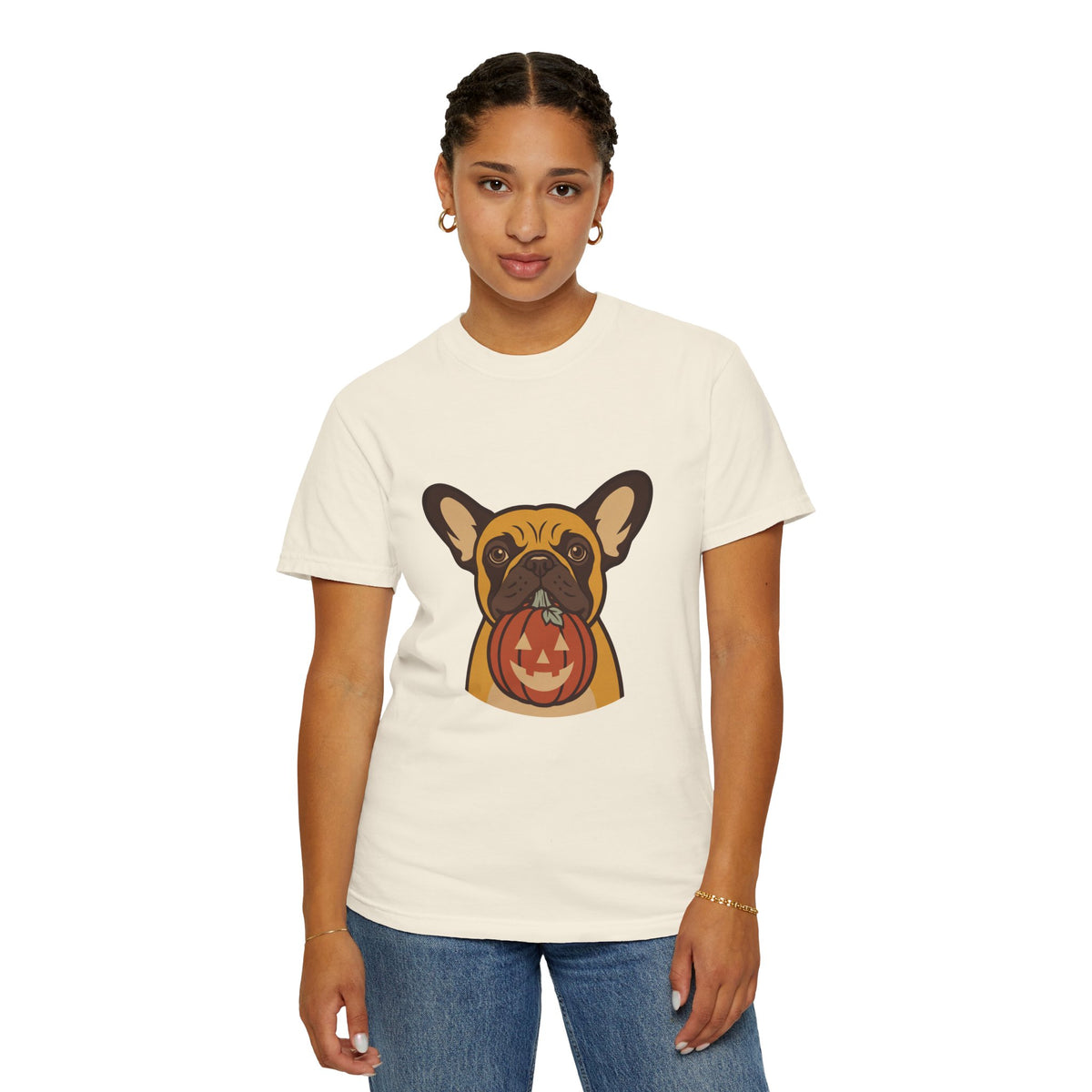 French Bulldog Halloween Shirt — Dog with Pumpkin Comfort Colors Tee
