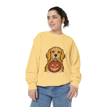 Golden Retriever Halloween Sweatshirt — Dog with Pumpkin Comfort Colors Crewneck