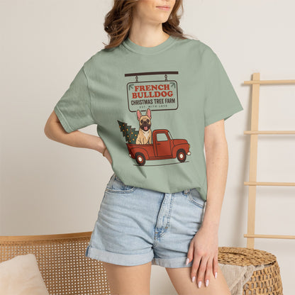 French Bulldog Christmas Shirt, Red Truck Christmas Tree Farm Comfort Colors Tee