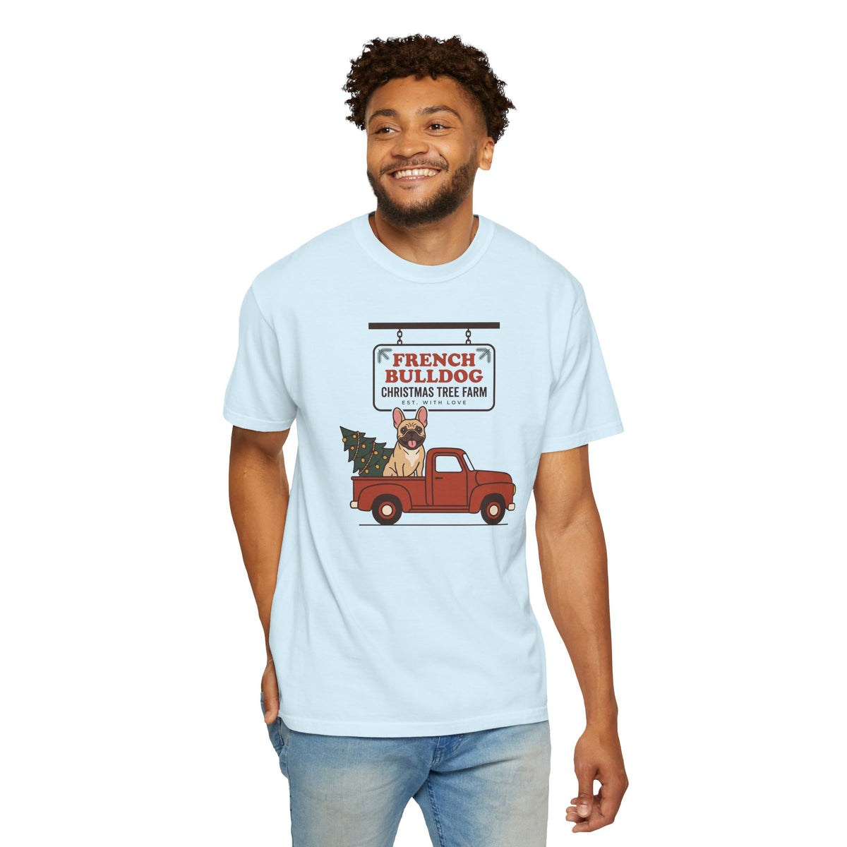French Bulldog Christmas Shirt, Red Truck Christmas Tree Farm Comfort Colors Tee