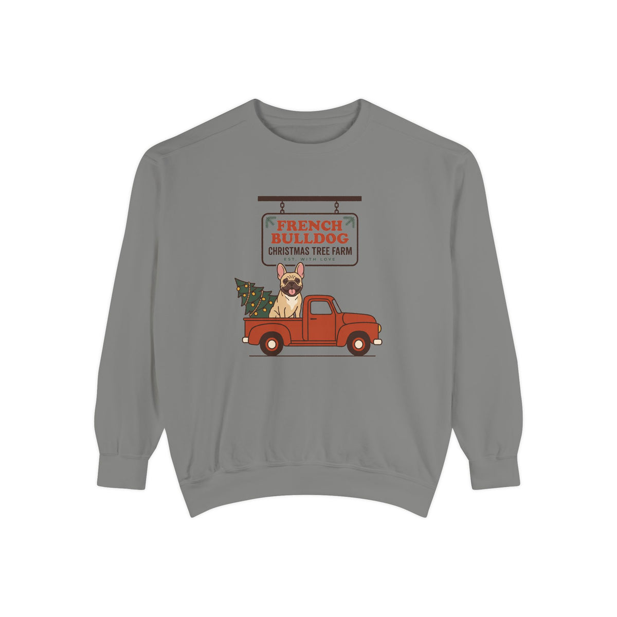 French Bulldog Christmas Sweatshirt, Red Truck Christmas Tree Farm Comfort Colors Crewneck