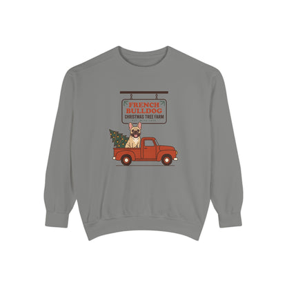 French Bulldog Christmas Sweatshirt, Red Truck Christmas Tree Farm Comfort Colors Crewneck