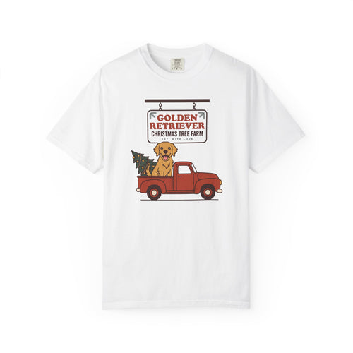 Golden Retriever Christmas Shirt, Red Truck Christmas Tree Farm Comfort Colors Tee