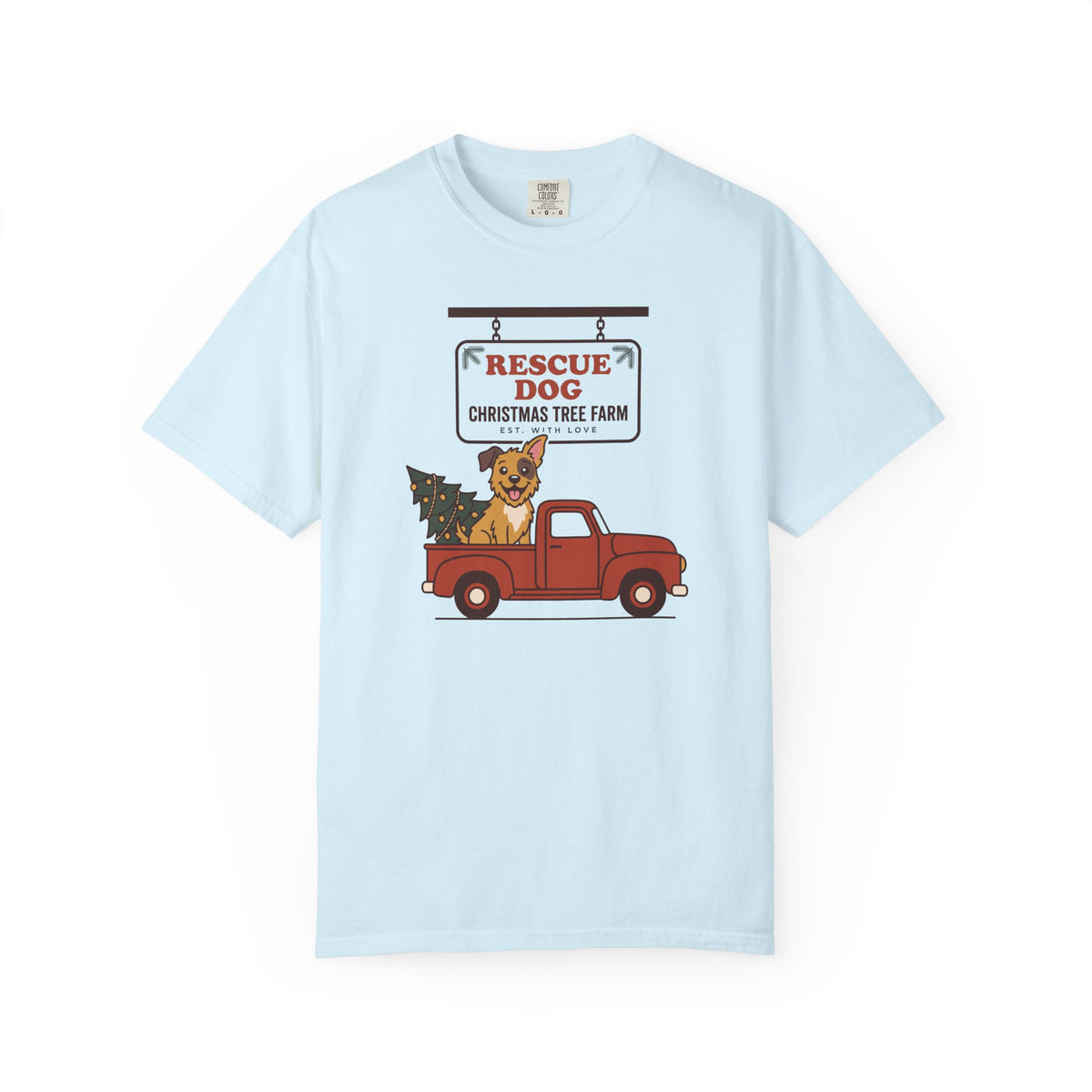 Rescue Dog Christmas Shirt, Red Truck Christmas Tree Farm Comfort Colors Tee