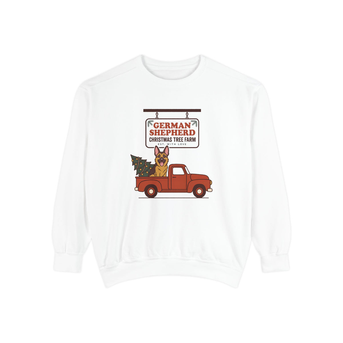 German Shepherd Christmas Sweatshirt, Red Truck Christmas Tree Farm Comfort Colors Crewneck