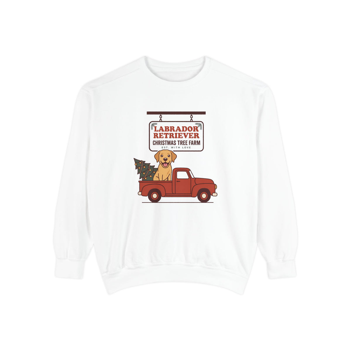 Labrador Retriever Christmas Sweatshirt, Red Truck Christmas Tree Farm Comfort Colors Crewneck