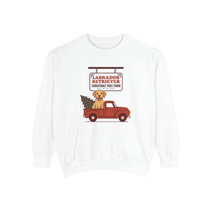 Labrador Retriever Christmas Sweatshirt, Red Truck Christmas Tree Farm Comfort Colors Crewneck