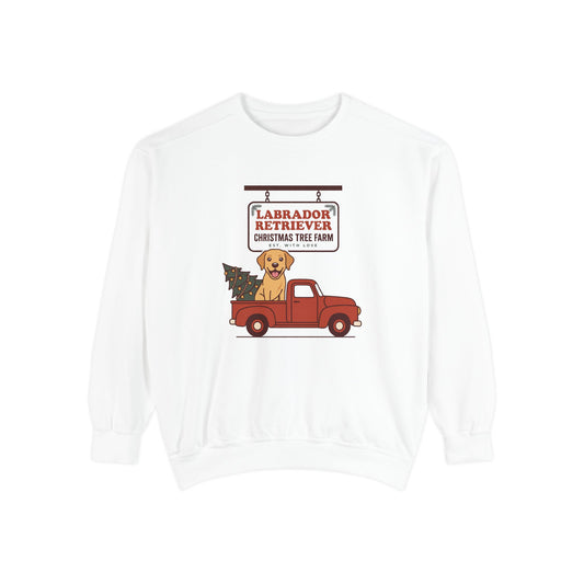 Labrador Retriever Christmas Sweatshirt, Red Truck Christmas Tree Farm Comfort Colors Crewneck