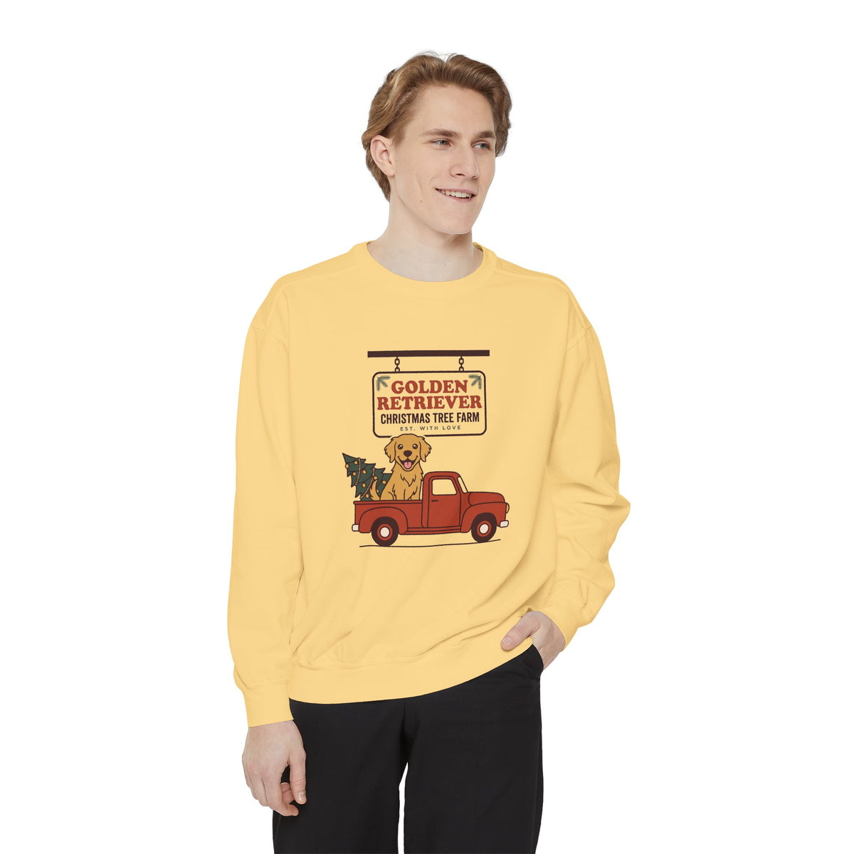 Golden Retriever Christmas Sweatshirt, Red Truck Christmas Tree Farm Comfort Colors Crewneck