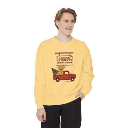 Golden Retriever Christmas Sweatshirt, Red Truck Christmas Tree Farm Comfort Colors Crewneck