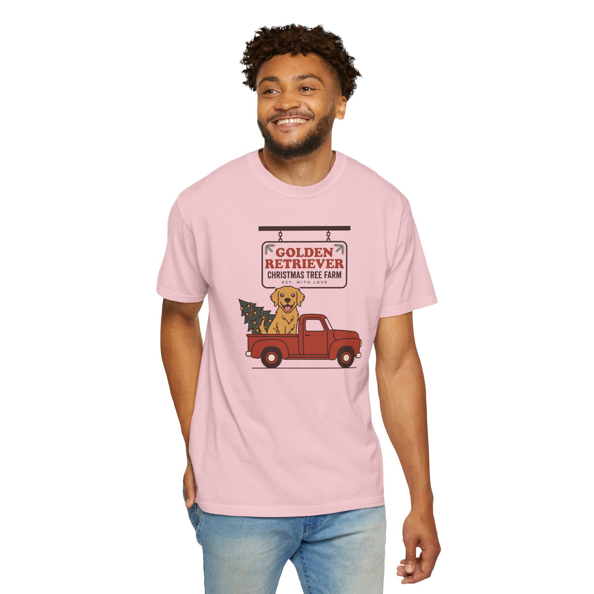 Golden Retriever Christmas Shirt, Red Truck Christmas Tree Farm Comfort Colors Tee