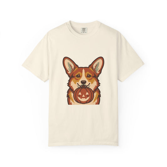 Corgi Halloween Shirt — Dog with Pumpkin Comfort Colors Tee
