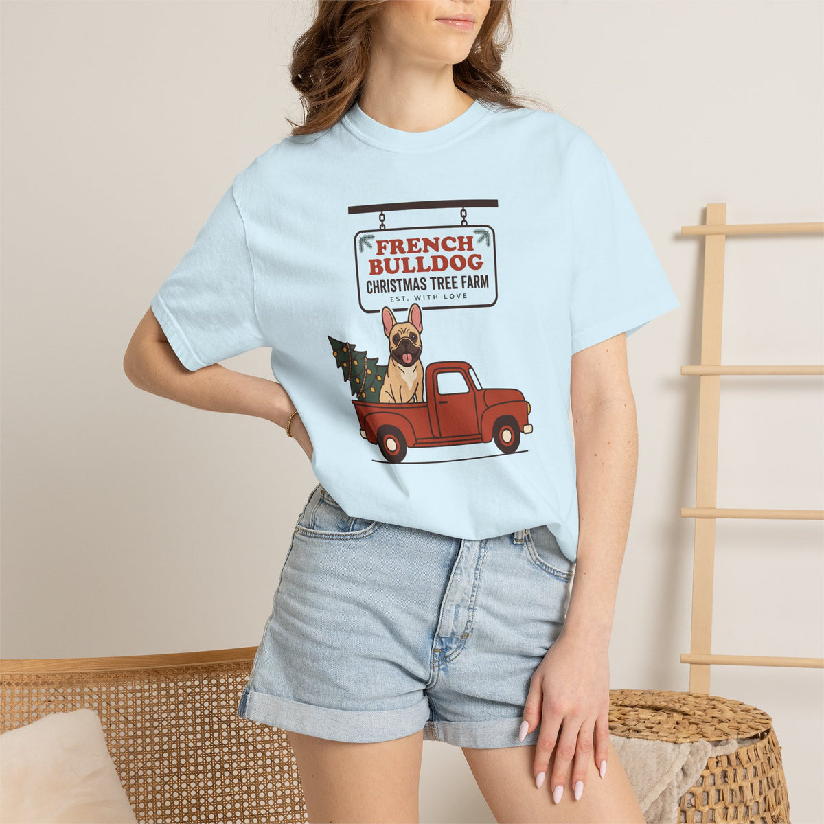 French Bulldog Christmas Shirt, Red Truck Christmas Tree Farm Comfort Colors Tee