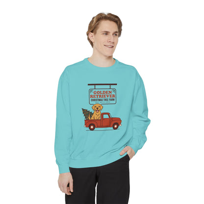 Golden Retriever Christmas Sweatshirt, Red Truck Christmas Tree Farm Comfort Colors Crewneck