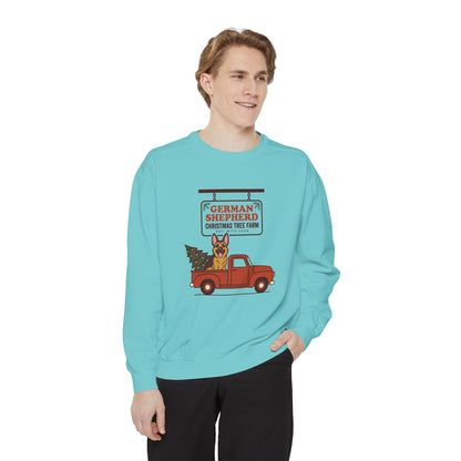 German Shepherd Christmas Sweatshirt, Red Truck Christmas Tree Farm Comfort Colors Crewneck