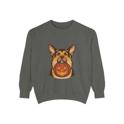 German Shepherd Halloween Sweatshirt — Dog with Pumpkin Comfort Colors Crewneck