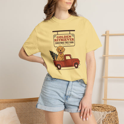 Golden Retriever Christmas Shirt, Red Truck Christmas Tree Farm Comfort Colors Tee