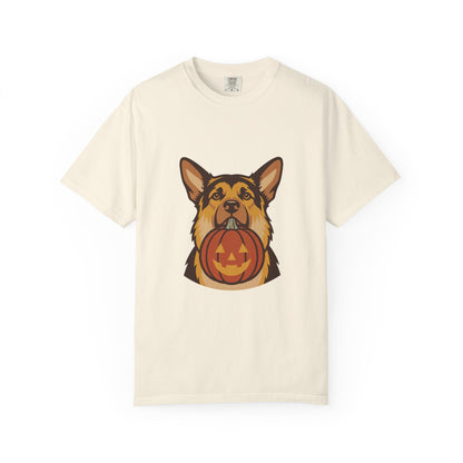 German Shepherd Halloween Shirt — Dog with Pumpkin Comfort Colors Tee