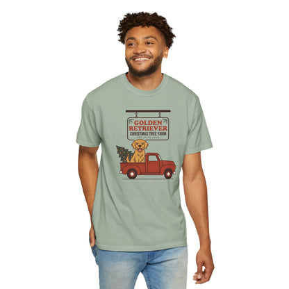 Golden Retriever Christmas Shirt, Red Truck Christmas Tree Farm Comfort Colors Tee