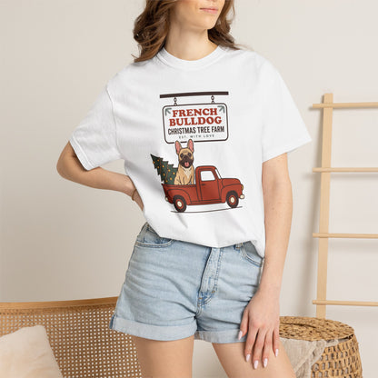French Bulldog Christmas Shirt, Red Truck Christmas Tree Farm Comfort Colors Tee