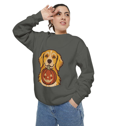 Golden Retriever Halloween Sweatshirt — Dog with Pumpkin Comfort Colors Crewneck