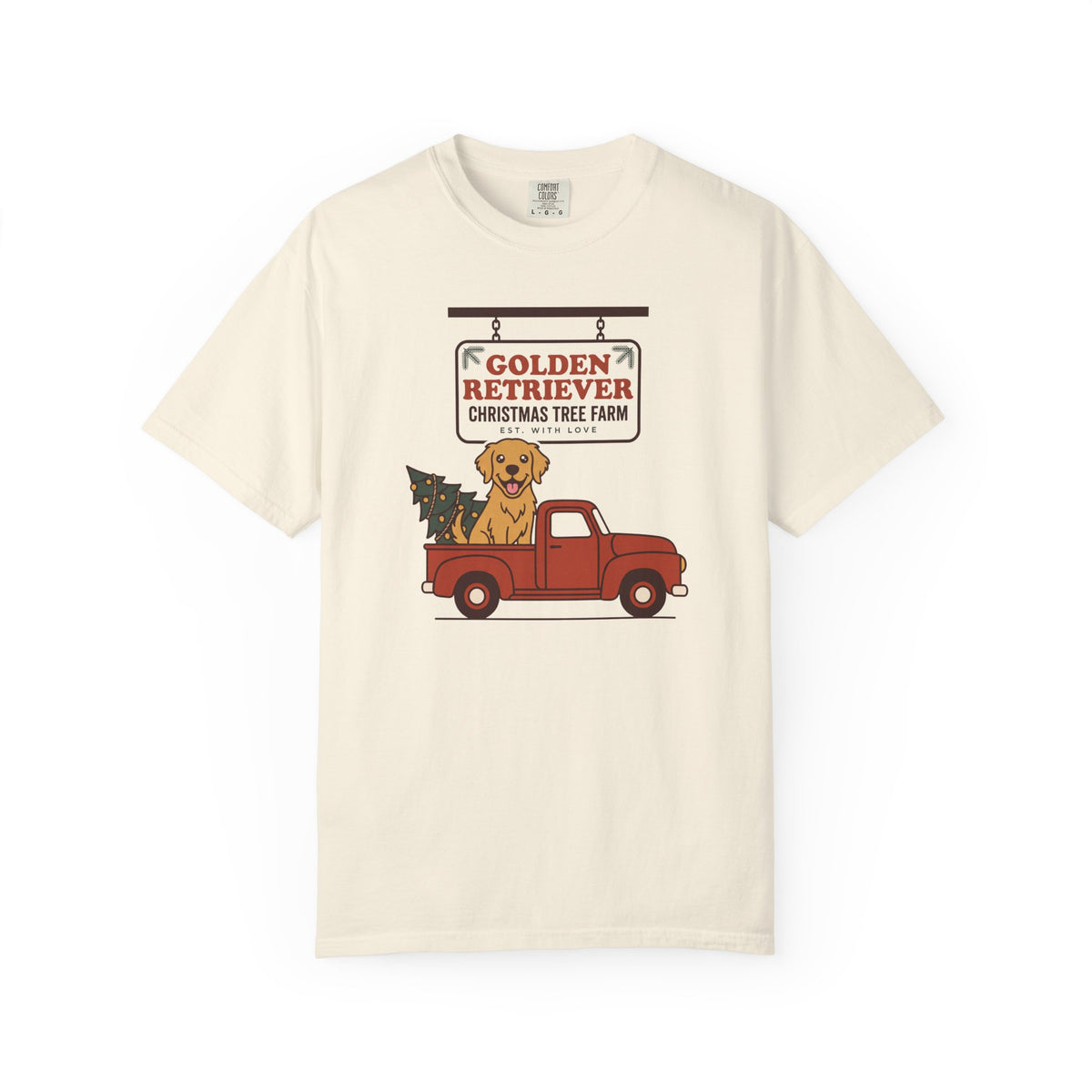Golden Retriever Christmas Shirt, Red Truck Christmas Tree Farm Comfort Colors Tee