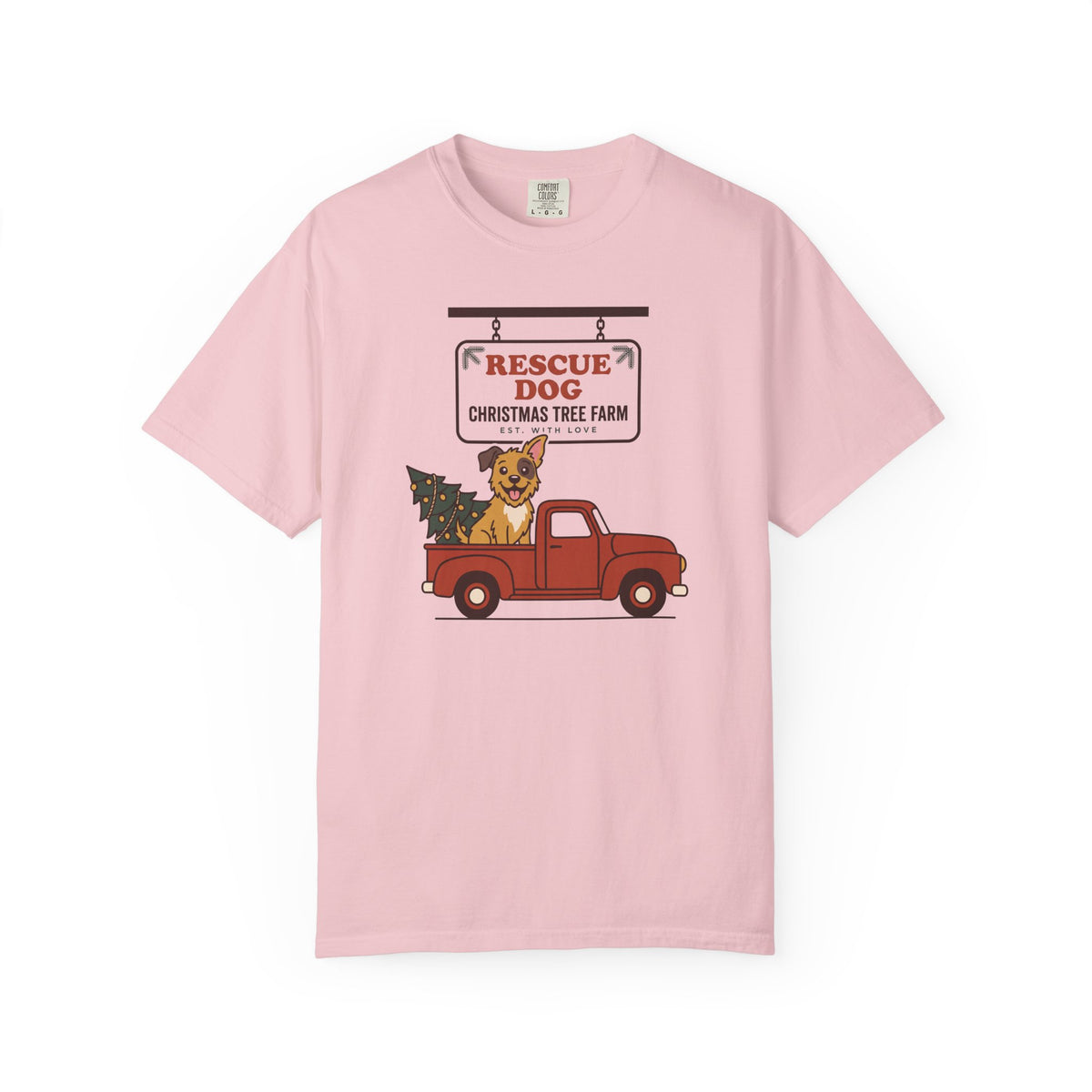 Rescue Dog Christmas Shirt, Red Truck Christmas Tree Farm Comfort Colors Tee