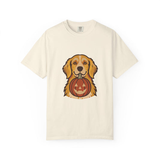 Golden Retriever Halloween Shirt — Dog with Pumpkin Comfort Colors Tee