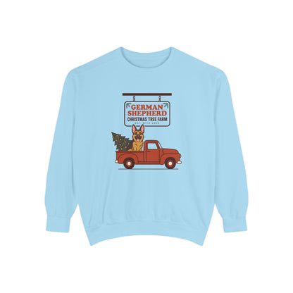 German Shepherd Christmas Sweatshirt, Red Truck Christmas Tree Farm Comfort Colors Crewneck