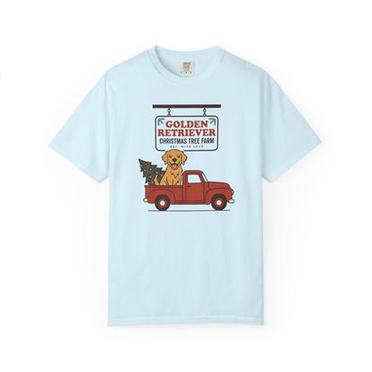 Golden Retriever Christmas Shirt, Red Truck Christmas Tree Farm Comfort Colors Tee